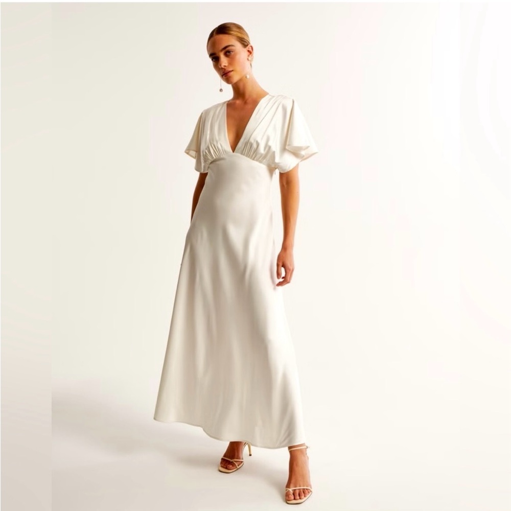 Abercrombie & Fitch Cream V-Neck Midi Dress with Flutter Sleeves